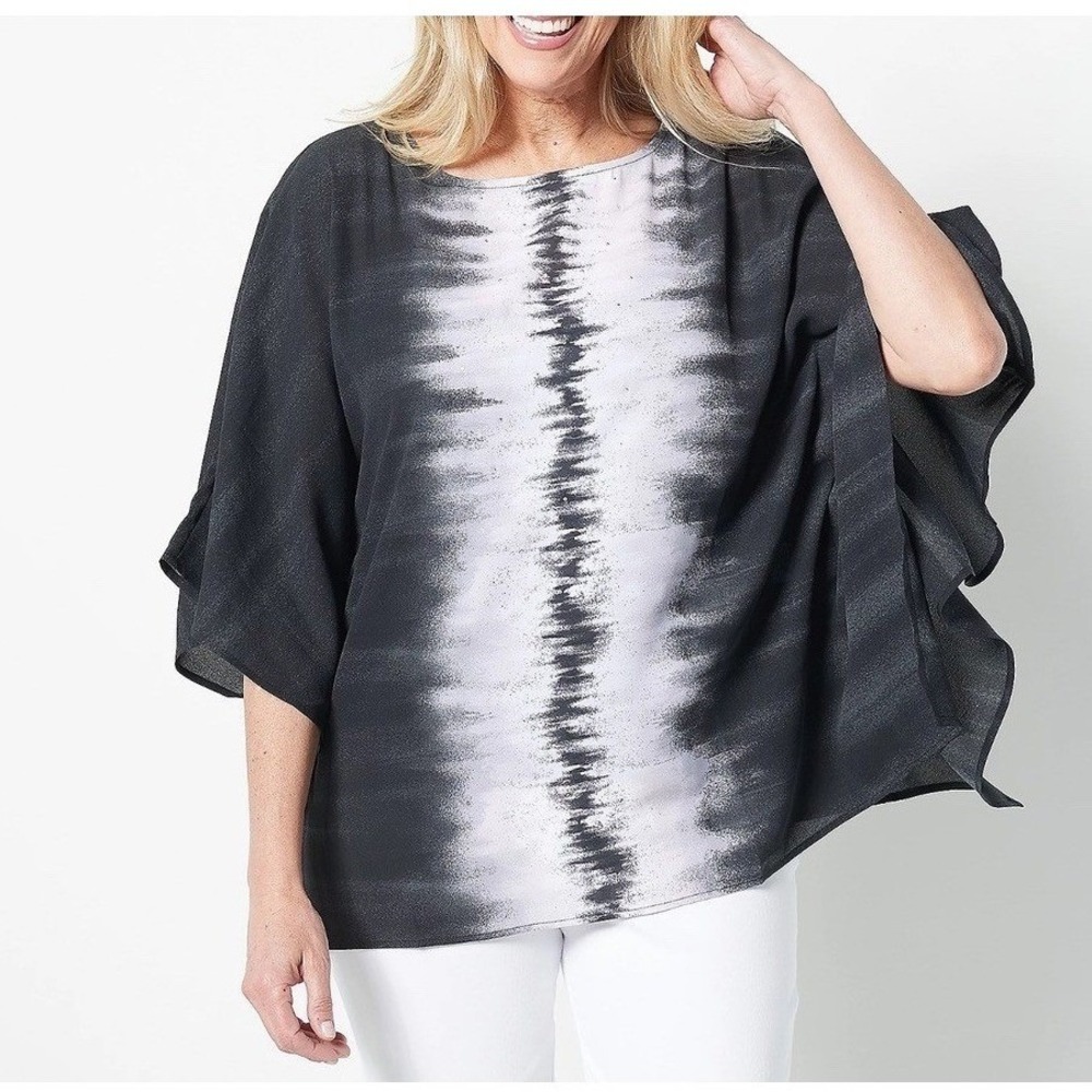 Quacker Factory Poncho Top Women XL Black Ombre Rhinestone Flutter Sleeve Blouse